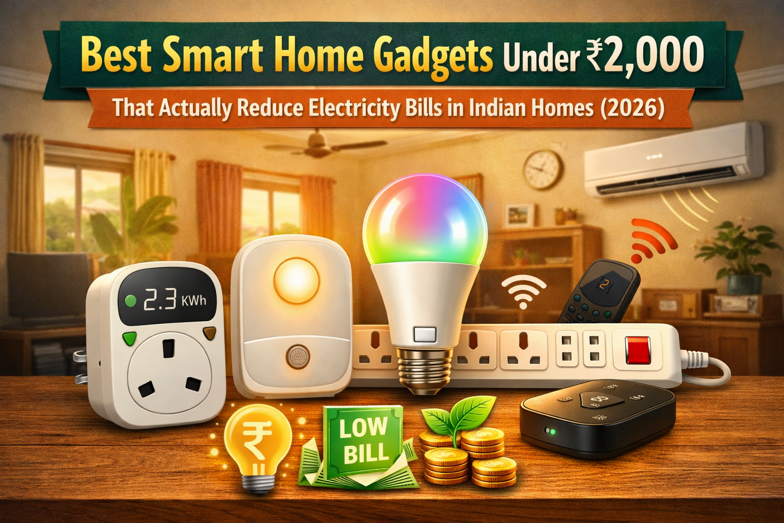 5 Budget Smart Home Gadgets That Actually Lower Your Electric Bill (2026) Smart home gadgets under ₹2,000 that help reduce electricity bills in Indian homes, including smart plugs, motion sensor lights, smart LED bulbs, and energy monitoring apps