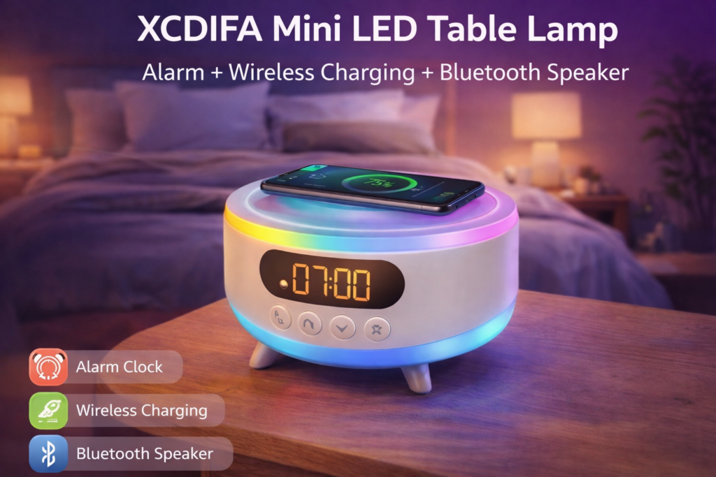 Smart Bedroom Gadgets That Actually Improve Sleep, Mood & Comfort (Indian Homes – 2026) xcdifa mini led table lamp (alarm + wireless charging + speaker)