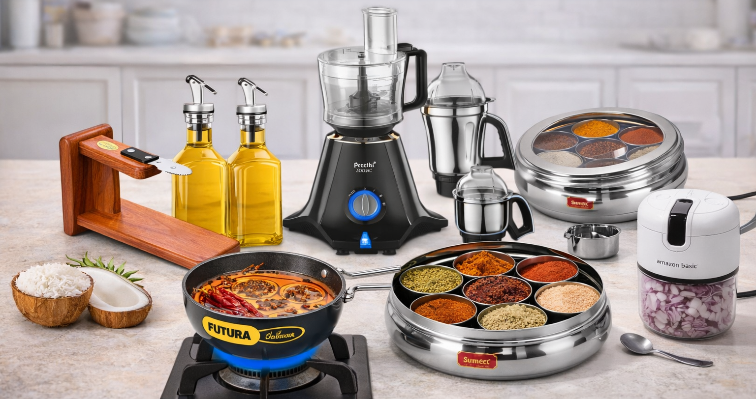 Seven Amazon kitchen tools that changed Indian cooking, including mixer grinder, tadka pan, masala box, cast iron tawa, oil dispenser, coconut scraper and electric chopper