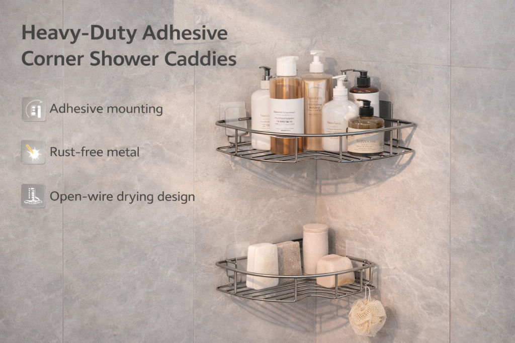 Vertical Victory: 4 Genius Ways to Use Your Bathroom Walls heavy duty adhesive corner caddies