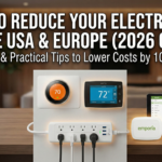 Featured image for 2026 guide on how to reduce your electric bill, displaying a smart thermostat, touchscreen thermostat, smart power strip, and home energy monitor with an analytics dashboard.