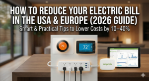 SmartDealFinds Featured image for 2026 guide on how to reduce your electric bill, displaying a smart thermostat, touchscreen thermostat, smart power strip, and home energy monitor with an analytics dashboard.