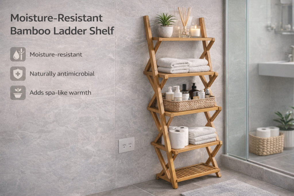 Vertical Victory: 4 Genius Ways to Use Your Bathroom Walls moisture resistant bamboo ladder shelf