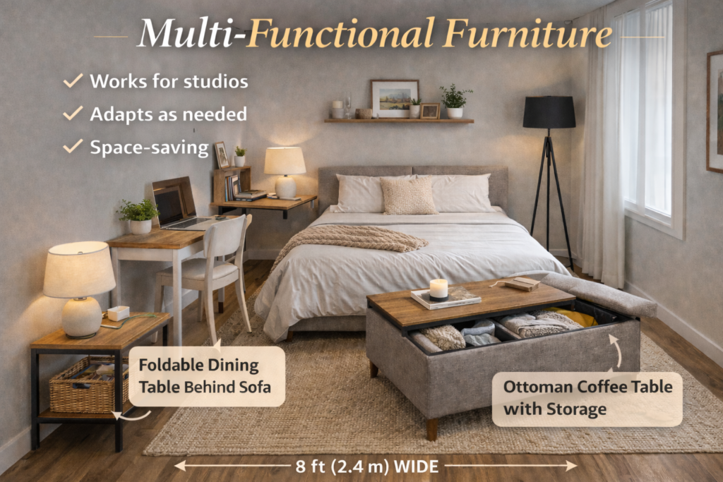 Small Apartment Living Room Layout Ideas (2026) multi functional furniture