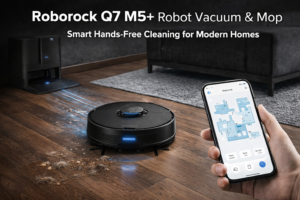 Roborock Q7 M5+ robot vacuum and mop cleaning a modern living room floor with self-empty dock and app control