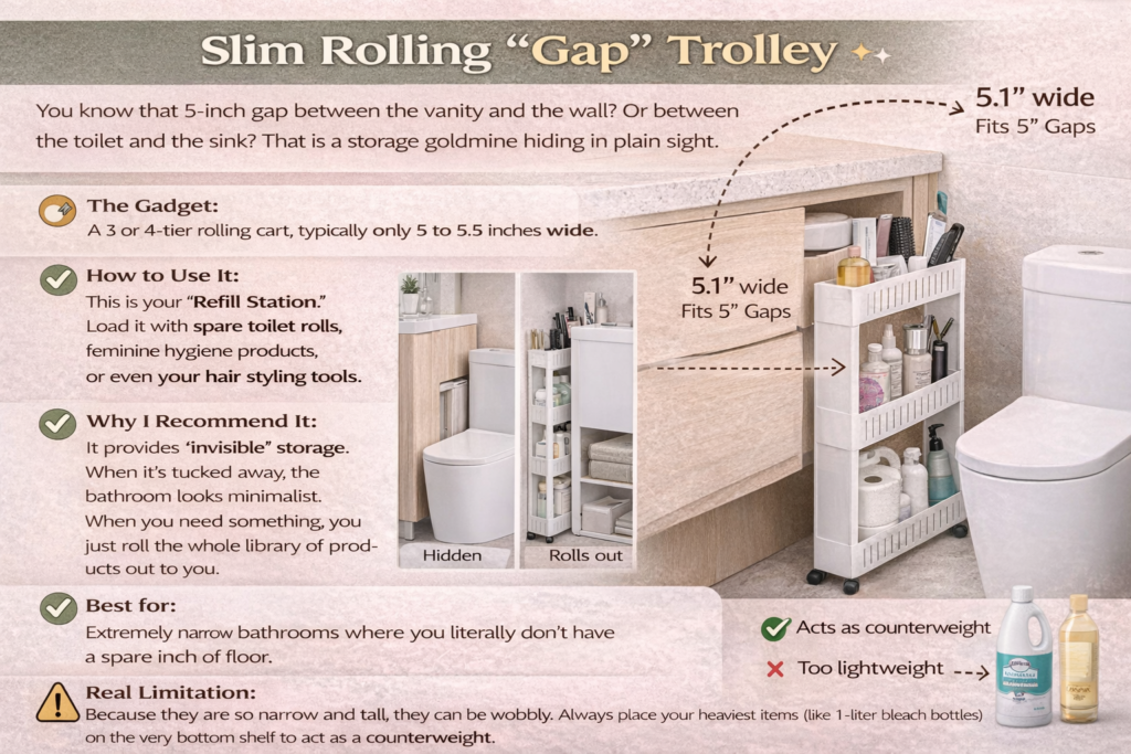 The Vanity & Sink Revolution: 4 Genius Ways to Reclaim Your Countertop slim rolling gap trolley