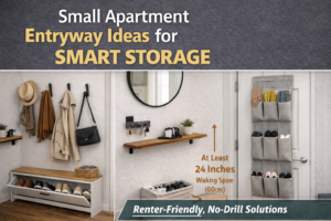 Small apartment entryway ideas with vertical wall hooks, slim shoe cabinet, floating shelf, and over-the-door organizer in a narrow hallway.