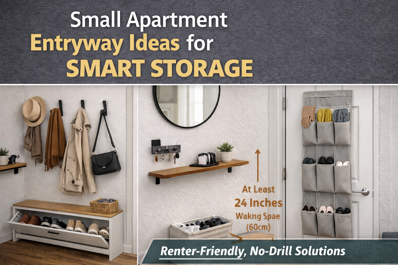 Small apartment entryway ideas with vertical wall hooks, slim shoe cabinet, floating shelf, and over-the-door organizer in a narrow hallway.