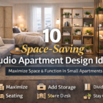 Modern small studio apartment showing space-saving living room layout ideas, including floating sofa, open shelving divider, compact workspace, and multi-functional furniture.