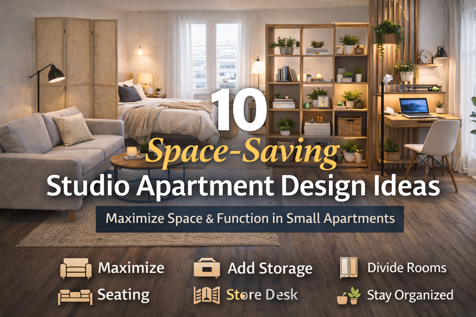 Modern small studio apartment showing space-saving living room layout ideas, including floating sofa, open shelving divider, compact workspace, and multi-functional furniture.