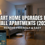 Cozy small apartment living room and bedroom featuring renter-friendly smart home upgrades like a robot vacuum, smart plug, and air purifier.