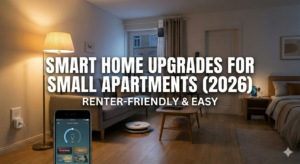 SmartDealFinds Cozy small apartment living room and bedroom featuring renter-friendly smart home upgrades like a robot vacuum, smart plug, and air purifier.
