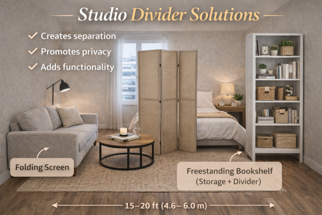 Small Apartment Living Room Layout Ideas (2026) studio divider solutions