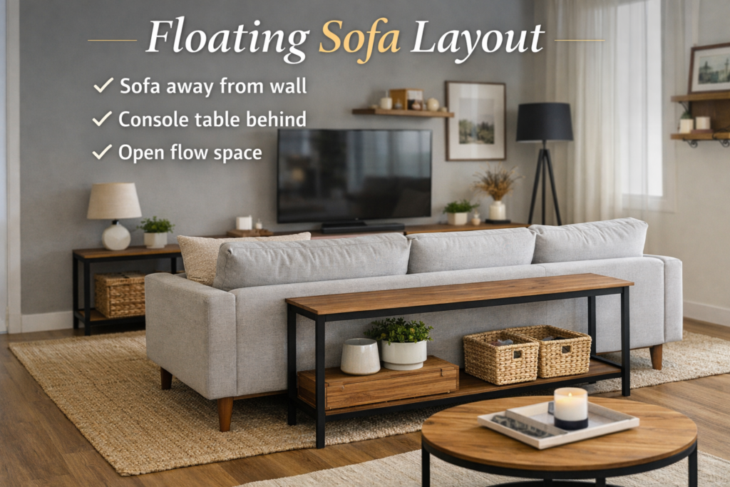 Small Apartment Living Room Layout Ideas (2026) the floating sofa layout