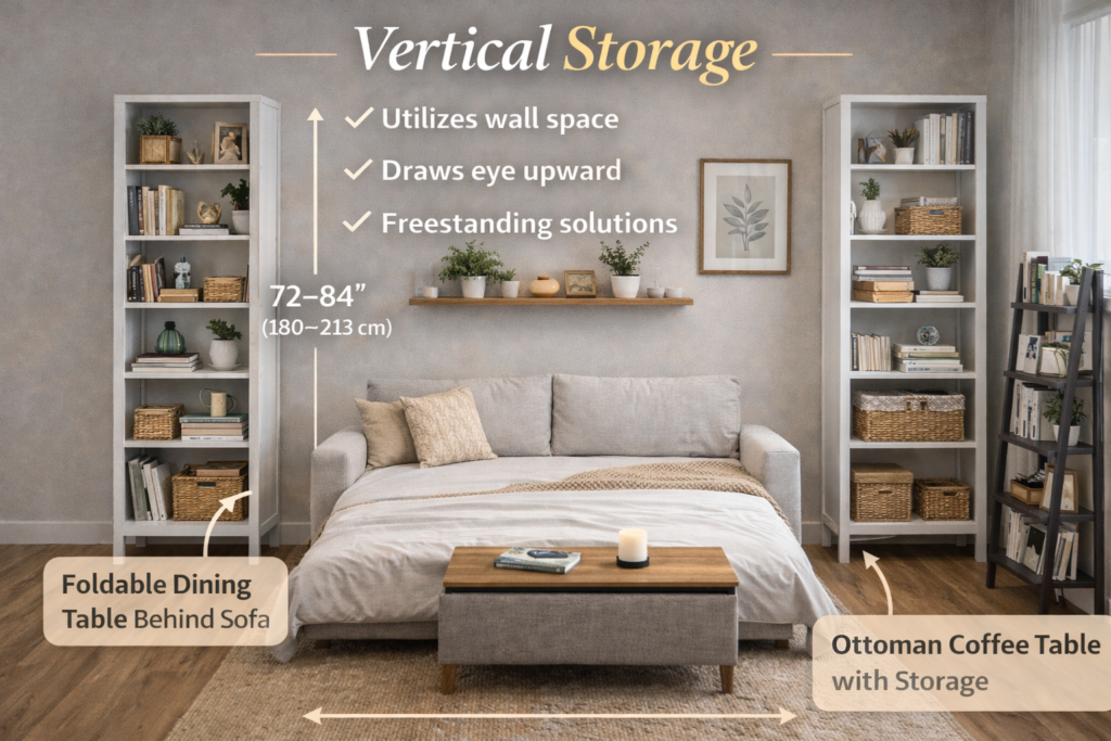 Small Apartment Living Room Layout Ideas (2026) vertical storage