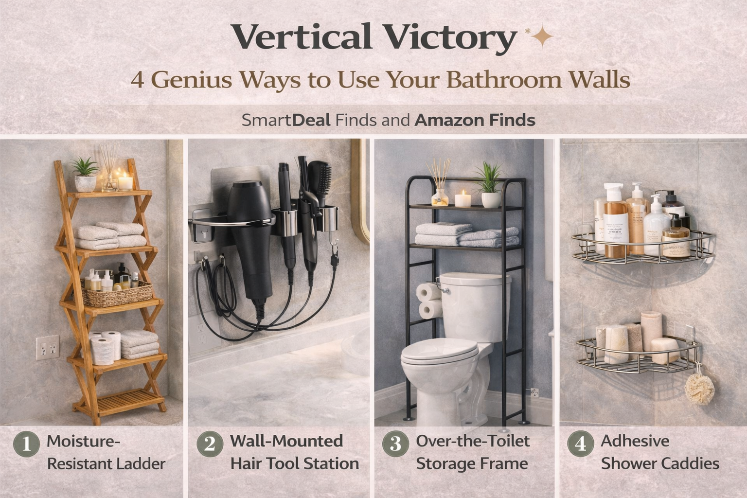 Vertical Victory: 4 Genius Ways to Use Your Bathroom Walls Bathroom wall storage ideas featuring ladder shelf, wall-mounted hair tool holder, over-the-toilet rack, and adhesive shower caddies