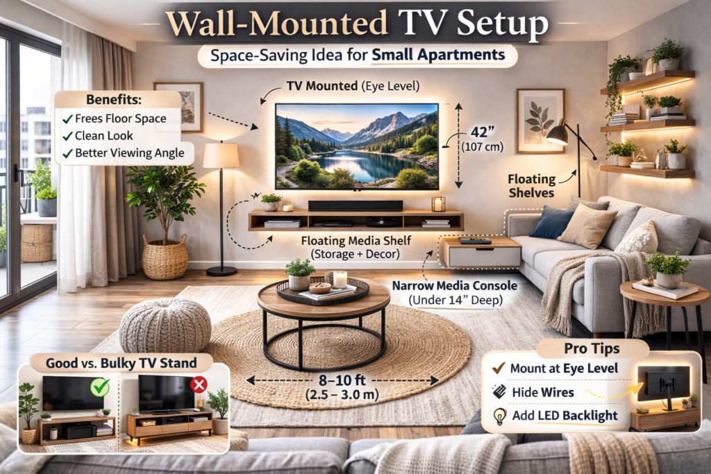 Small Apartment Living Room Layout Ideas (2026) wall mounted tv setup