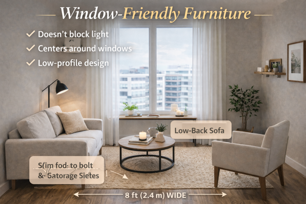 Small Apartment Living Room Layout Ideas (2026) window friendly furniture