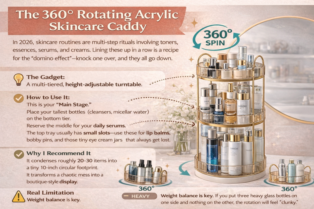 The Vanity & Sink Revolution: 4 Genius Ways to Reclaim Your Countertop he 360° rotating acrylic skincare