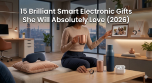 A woman in a modern apartment smiling while interacting with a smart digital picture frame, surrounded by practical smart electronic gifts for her including a temperature-control mug, biometric sleep mask, self-cleaning water bottle, and a smart ring.