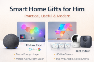 Featured image showing smart home gifts for him including smart speaker, LED light panels, Wi-Fi smart plugs, and indoor security cameras for modern apartments.