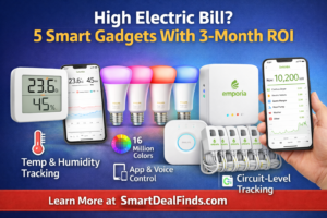 Smart home gadgets that help reduce electricity bills including smart thermostat sensor, Philips Hue smart lights, and Emporia Vue energy monitor