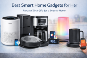 Smart home gifts for her including robot vacuum, smart air purifier, smart coffee maker, smart bedside lamp, and temperature control smart mug.
