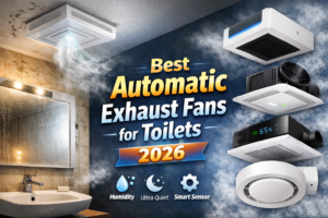 automatic exhaust fan for toilet with humidity sensor removing moisture and preventing mold in modern bathroom