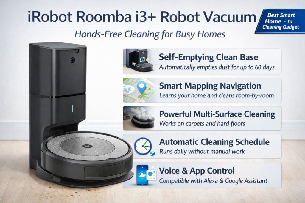 iRobot Roomba i3+ robot vacuum with smart mapping and automatic dirt disposal