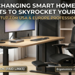 Modern smart home office setup 2026 showing ultra-wide monitor with Anker dock, folded WalkingPad, Honeywell lamp, privacy panels, and an ergonomic mesh chair, featuring text overlay '7 Life-Changing Smart Home Office Gadgets to Skyrocket Your Focus.