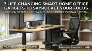 Modern smart home office setup 2026 showing ultra-wide monitor with Anker dock, folded WalkingPad, Honeywell lamp, privacy panels, and an ergonomic mesh chair, featuring text overlay '7 Life-Changing Smart Home Office Gadgets to Skyrocket Your Focus.