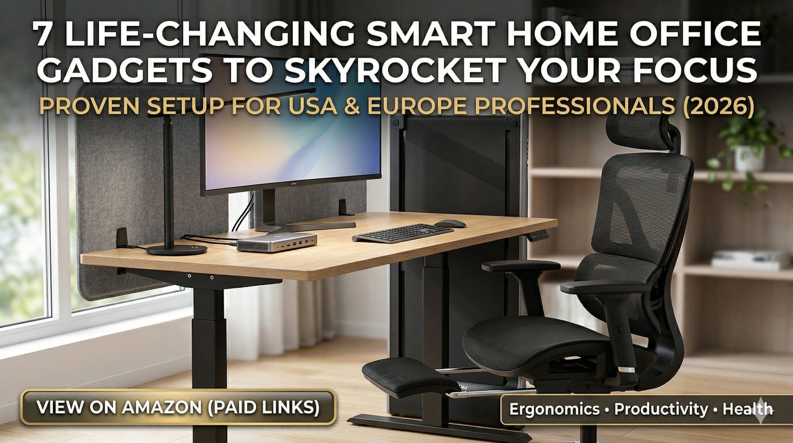 Modern smart home office setup 2026 showing ultra-wide monitor with Anker dock, folded WalkingPad, Honeywell lamp, privacy panels, and an ergonomic mesh chair, featuring text overlay '7 Life-Changing Smart Home Office Gadgets to Skyrocket Your Focus.