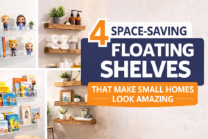 4 space-saving floating shelves for small homes with stylish wall storage ideas for bathroom, bedroom and living room