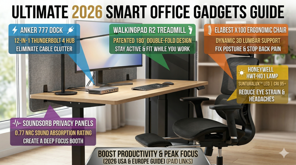 A complete 2026 home office setup featuring a walking treadmill, ergonomic chair, smart desk lamp, and privacy panels for maximum focus