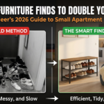 Small apartment organization hacks 2026 using industrial shoe bench and storage bean bag chair.