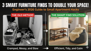 Small apartment organization hacks 2026 using industrial shoe bench and storage bean bag chair.