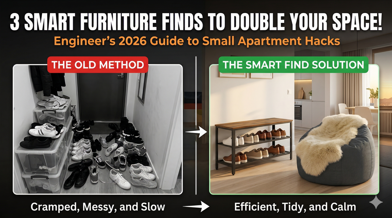 Small apartment organization hacks 2026 using industrial shoe bench and storage bean bag chair.