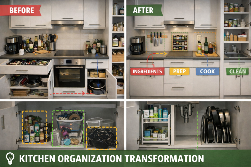 Before and after kitchen organization showing workflow-based zones for ingredients, prep, cooking, and cleaning with improved storage and decluttered space