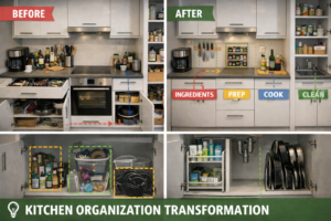 Before and after kitchen organization showing workflow-based zones for ingredients, prep, cooking, and cleaning with improved storage and decluttered space