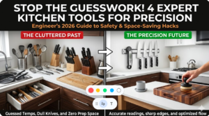 Comparison of messy counter with traditional knife block versus modern precise kitchen using magnetic rack, digital thermometer, and ezpz tiny cup training.