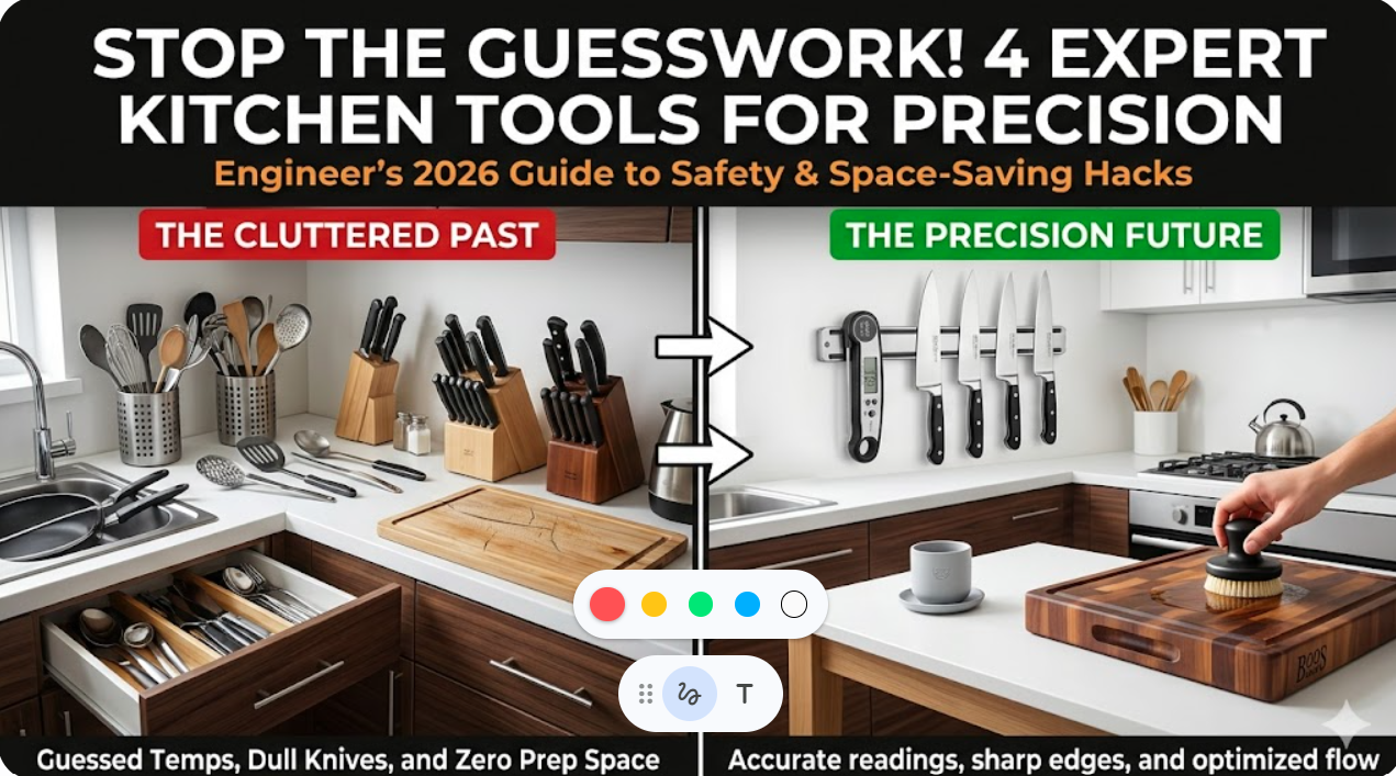 Comparison of messy counter with traditional knife block versus modern precise kitchen using magnetic rack, digital thermometer, and ezpz tiny cup training.