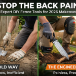 Comparison of painful manual garden digging versus ergonomic DIY fence installation using NoCry knee pads and Hori Hori garden knife for 2026 backyard makeover.