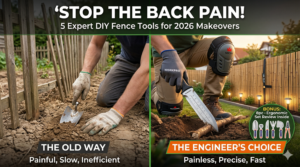 Comparison of painful manual garden digging versus ergonomic DIY fence installation using NoCry knee pads and Hori Hori garden knife for 2026 backyard makeover.