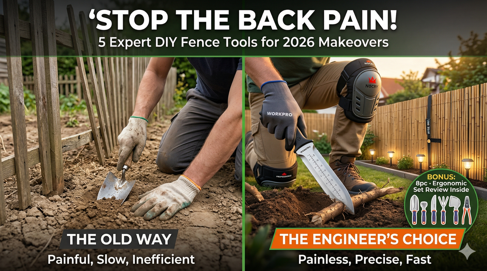 Comparison of painful manual garden digging versus ergonomic DIY fence installation using NoCry knee pads and Hori Hori garden knife for 2026 backyard makeover.