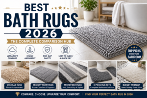 Best bath rugs 2026 comparison showing chenille, memory foam, microfiber, and 3-piece bathroom rug sets in a modern bathroom