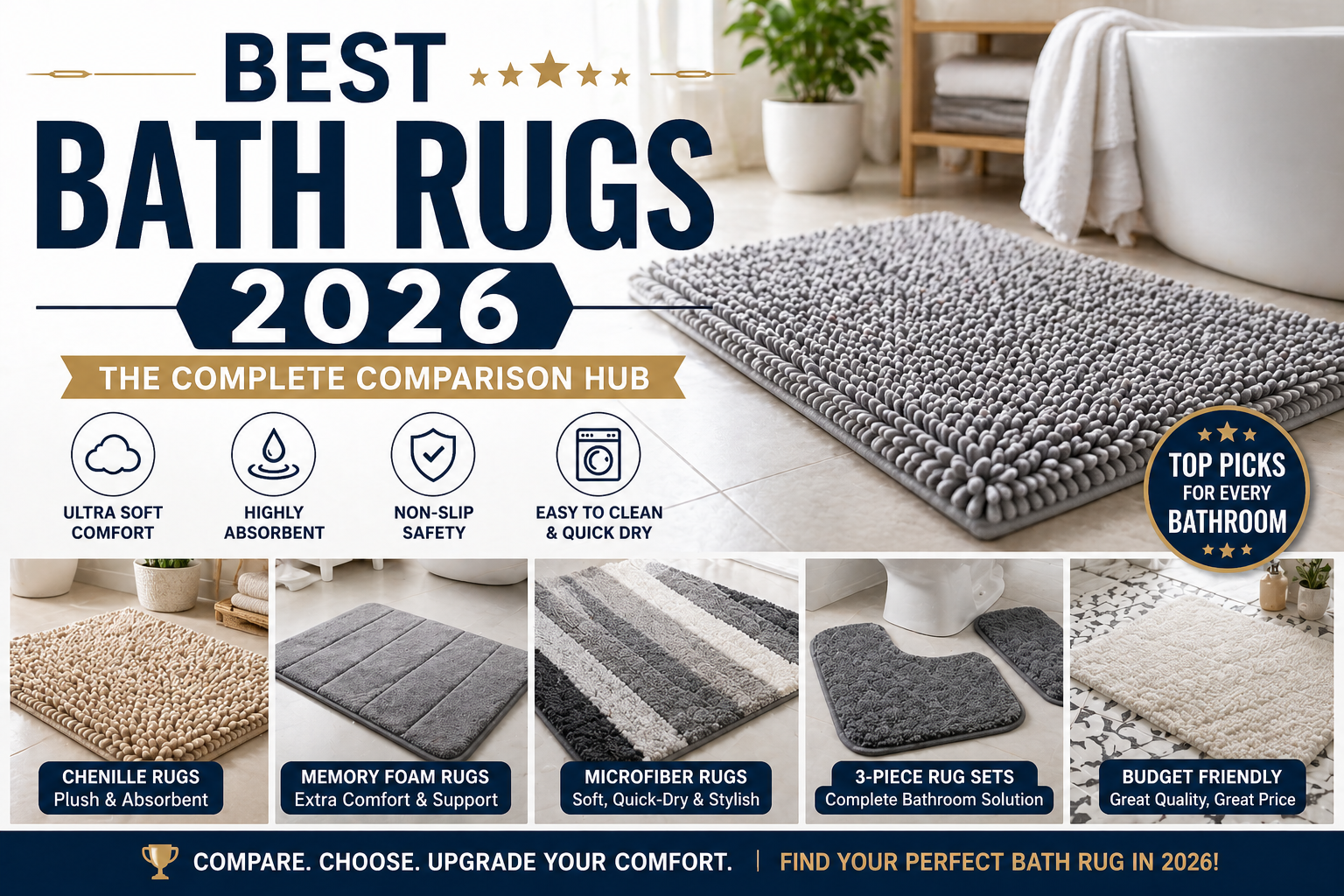 Best bath rugs 2026 comparison showing chenille, memory foam, microfiber, and 3-piece bathroom rug sets in a modern bathroom