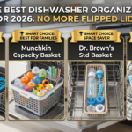 Comparison of the four best dishwasher organizers for 2026, including the REVEX Silicone Net, Munchkin High-Capacity Basket, Dr. Brown's Standard Basket, and Dr. Brown's Silicone Mesh Bag, showing their smart use cases and engineering advantages in a standard dishwasher top rack