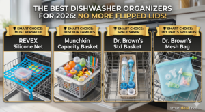 Comparison of the four best dishwasher organizers for 2026, including the REVEX Silicone Net, Munchkin High-Capacity Basket, Dr. Brown's Standard Basket, and Dr. Brown's Silicone Mesh Bag, showing their smart use cases and engineering advantages in a standard dishwasher top rack