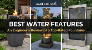 A professional comparison of three high-quality water features: a GFRC fire fountain, a modern cascading resin fountain, and a large slate wall fountain, with text overlay "Best Water Features: An Engineer's Review."