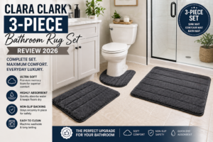 Clara Clark 3 piece bathroom rug set with memory foam mats placed around toilet, sink, and shower in a modern bathroom